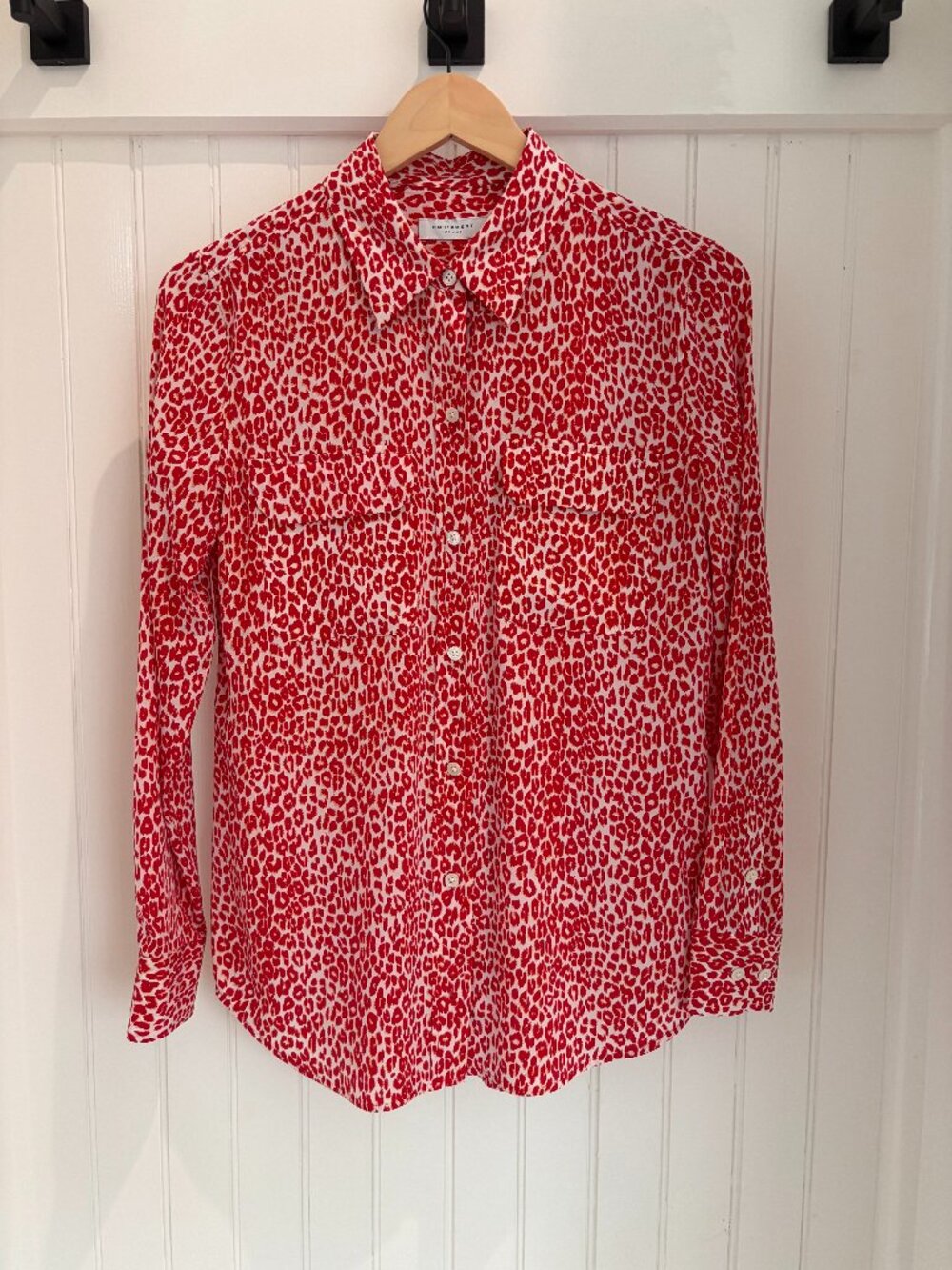 Authentic Equipment Femme Signature Silk Blouse — Red & White Leopard, Size S (N